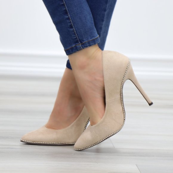 Nude Suede High Heel Pumps With Studs - Picture 10 of 11